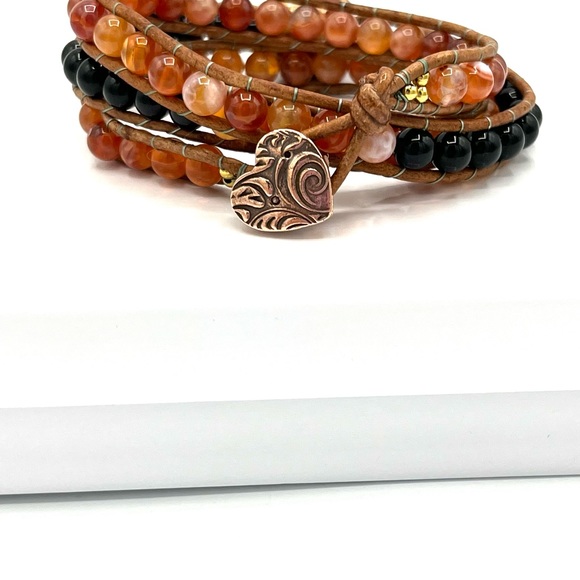 HAND CRAFTED Safari Red Fire Agate and Black Onyx Wrap Bracelet - Picture 4 of 7